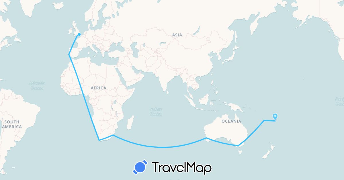 TravelMap itinerary: driving, boat in Australia, Fiji, United Kingdom, Portugal, Vanuatu, South Africa (Africa, Europe, Oceania)